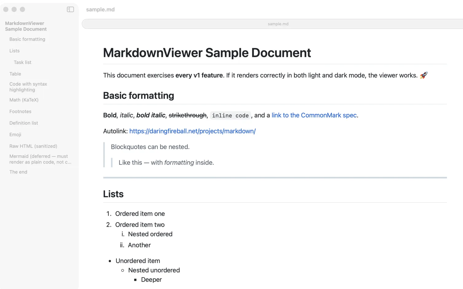 EmDeeTool showing a rendered Markdown document in light mode with a sidebar outline.