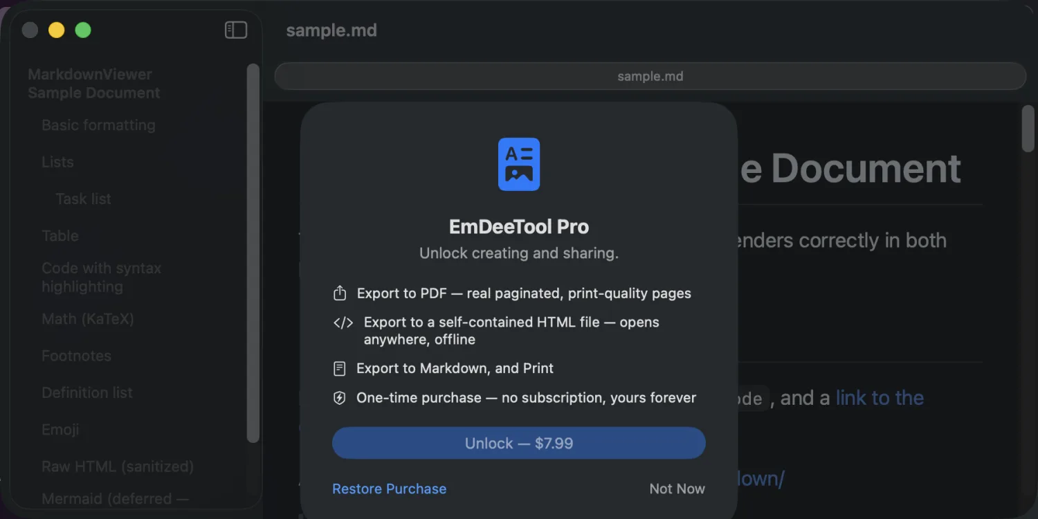 EmDeeTool's one-time Pro purchase sheet for exporting to PDF and HTML and printing.